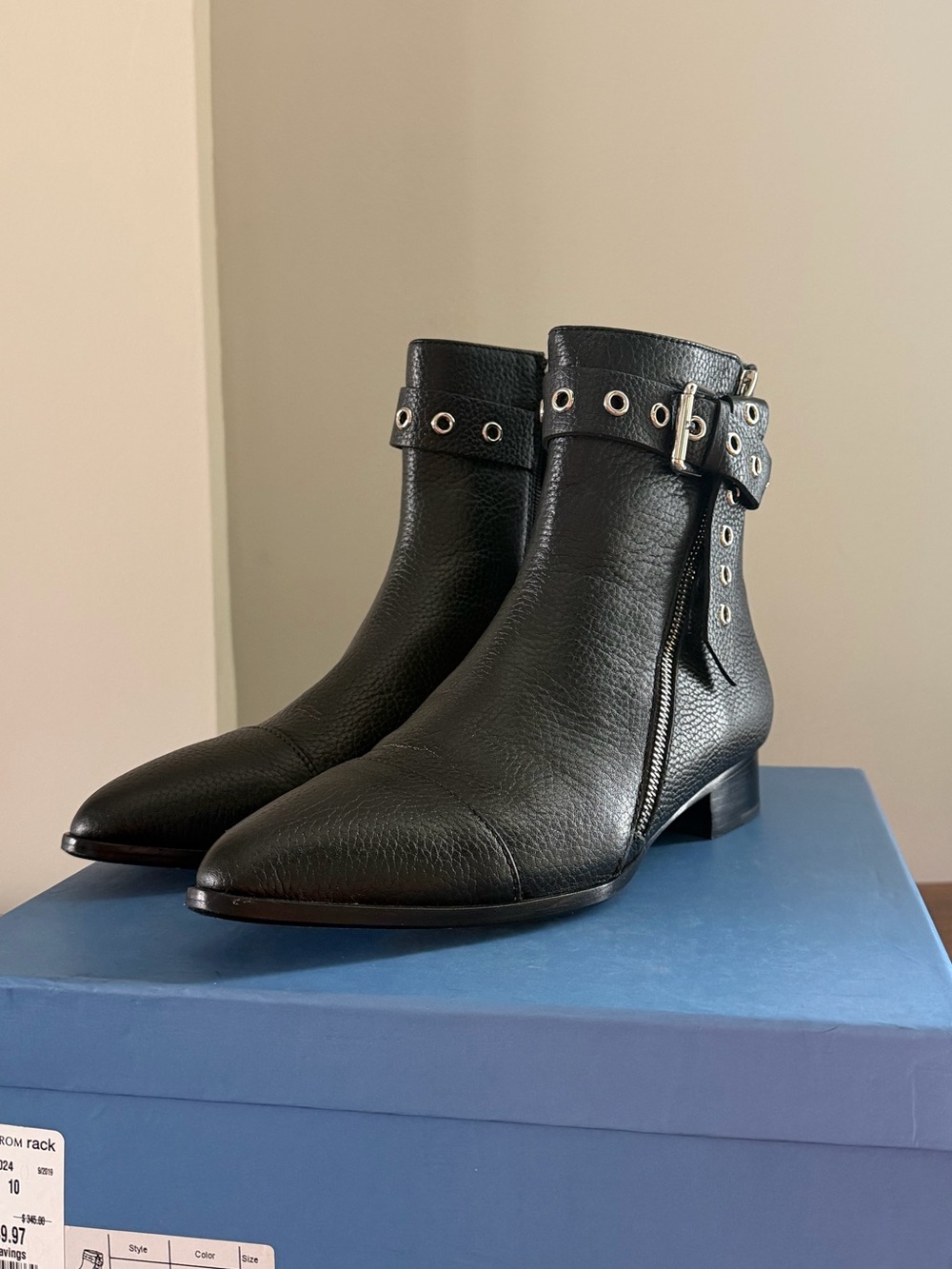 Paige MIA Black Leather Ankle Booties with Buckle & Eyelet Strap